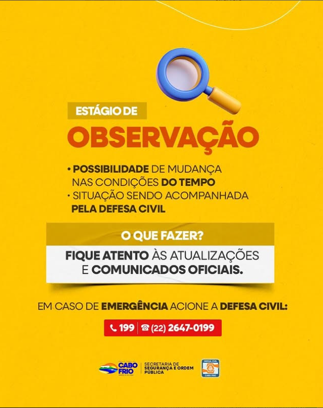 Cabo Frio entra em estado de observação por previsão de chuva nesta terça-feira (31)