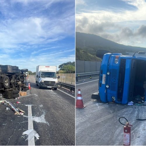 Caminhão carregado de laticínios tomba na Via Lagos e deixa motorista ferido em São Pedro da Aldeia