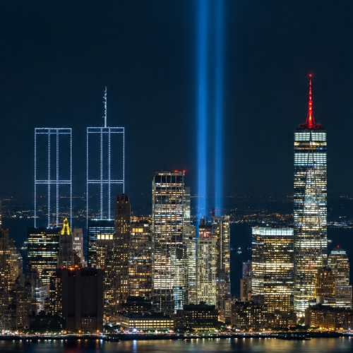 Drones formam silhueta das Torres Gêmeas em Nova York em homenagem aos 25 anos do 11 de setembro; veja vídeo