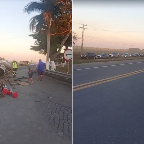 Carreta tomba na BR-101 e espalha carga de tubos pela rodovia em Campos, no RJ