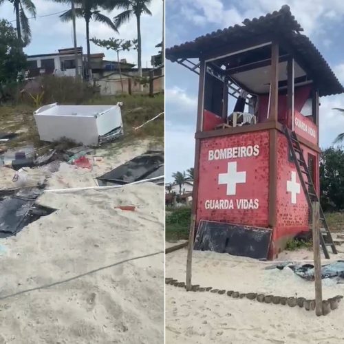 Força do vento arremessa geladeira de posto de guarda-vidas na areia da praia em Saquarema