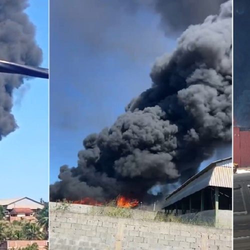Galpão de reciclagem pega fogo e levanta torre de fumaça em Saquarema; VÍDEO