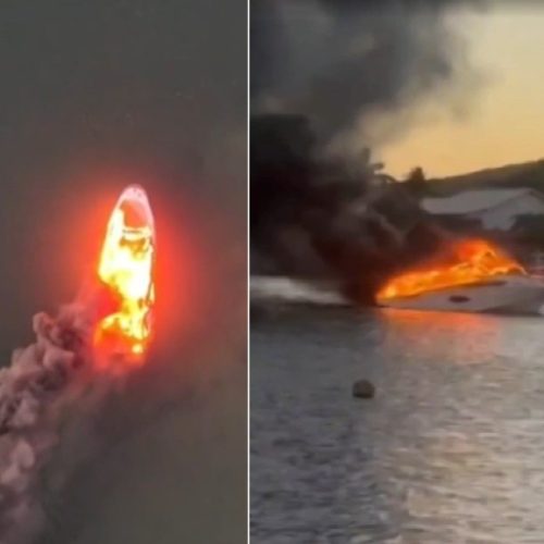 Lancha pega fogo e fica destruída em Cabo Frio