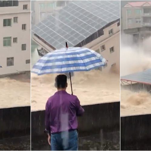 VÍDEO mostra casa desabando e sendo arrastada pela água durante Tufão na China