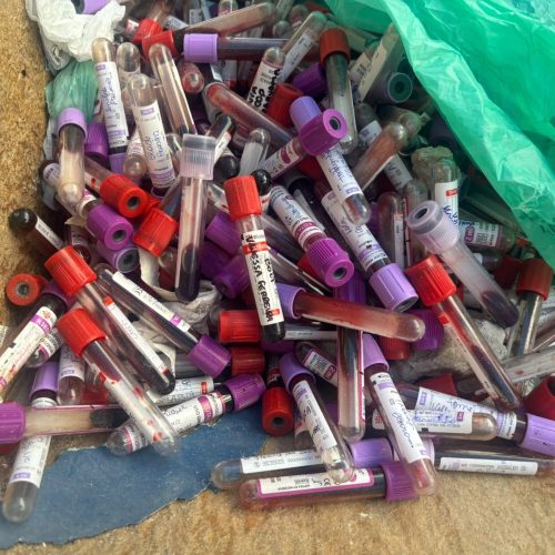 Tubos com sangue de animais são encontrados em caçamba no Centro de Cabo Frio
